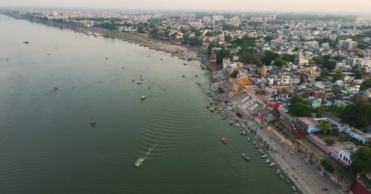 Aerial view of crescent-shaped Chandrabhaga River